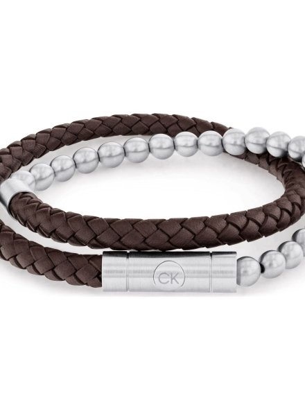 Calvin Klein CK Fuse bransoletka męska brązowa skóra stal koraliki 35100023