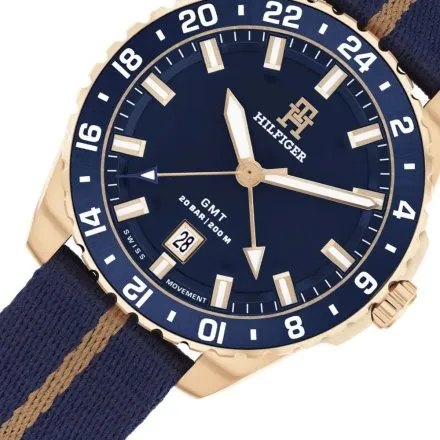 Tommy Hilfiger TH85 GMT zegarek męski złoty na granatowym pasku 1792130