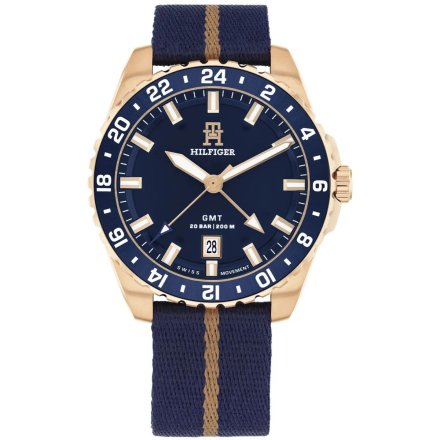 Tommy Hilfiger TH85 GMT zegarek męski złoty na granatowym pasku 1792130