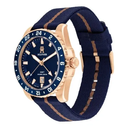 Tommy Hilfiger TH85 GMT zegarek męski złoty na granatowym pasku 1792130