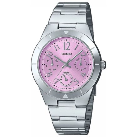 Casio Classic srebrny zegarek damski z różową tarczą z datownikiem LTP-2069D-4A3VEF