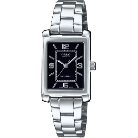 Casio Classic srebrny zegarek damski na bransoletce z czarną tarczą LTP-1234DD-1AEF