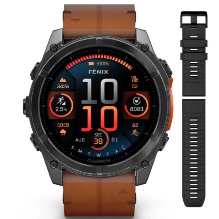Zegarek Garmin Fenix 8 51mm AMOLED czarny z brązowym paskiem ZESTAW