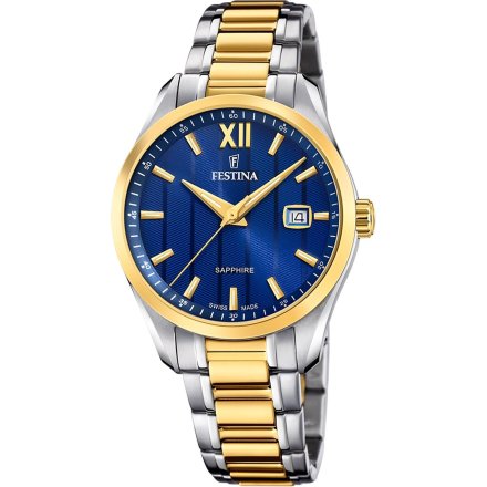 Festina Swiss Made 20027/2 Zegarek Męski srebrno-złoty z granatową tarczą