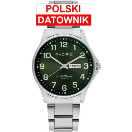 Pacific Polska SMB-1073D-04 zielony męski zegarek z bransoletką i polskim datownikiem