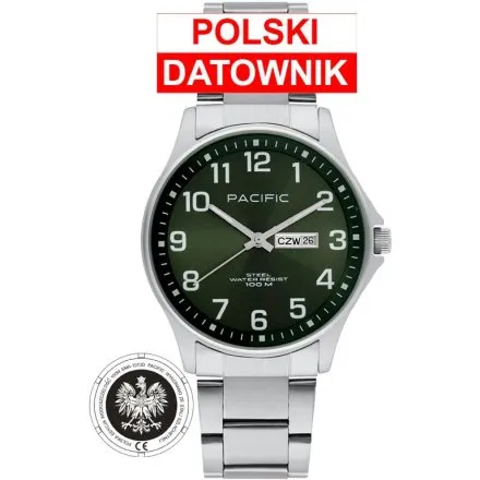Pacific Polska SMB-1073D-04 zielony męski zegarek z bransoletką i polskim datownikiem
