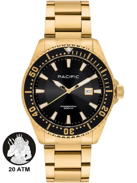 Pacific Poseidon SMPB-2001-03 złoty męski zegarek na bransolecie wodoodporny 200M