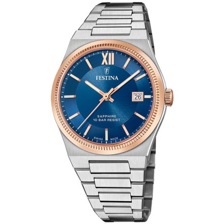 Festina Swiss Made 20036/2 Zegarek Męski z granatową tarczą i różowozłotymi akcentami