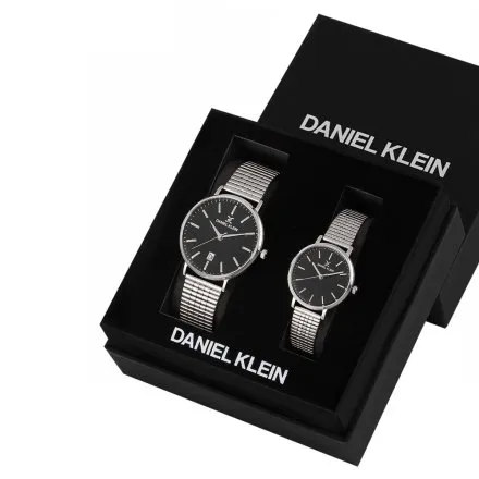 Zegarki dla par komplet srebrny na bransolecie czarna tarcza Daniel Klein DK113577-3