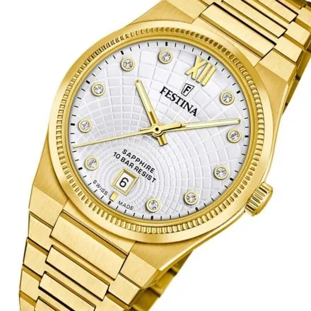 Festina Swiss Made 20058/1 zegarek damski złoty na bransolecie z kryształkami