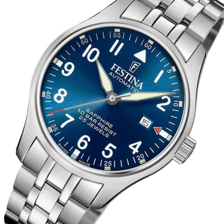 Festina Swiss Made 20151/C Zegarek Męski Automatyczny srebrny na bransolecie z granatową tarczą