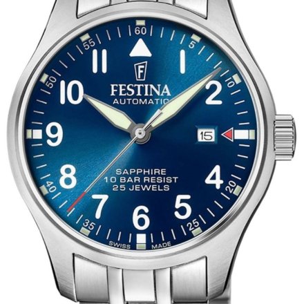 Festina Swiss Made 20151/C Zegarek Męski Automatyczny srebrny na bransolecie z granatową tarczą