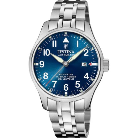 Festina Swiss Made 20151/C Zegarek Męski Automatyczny srebrny na bransolecie z granatową tarczą