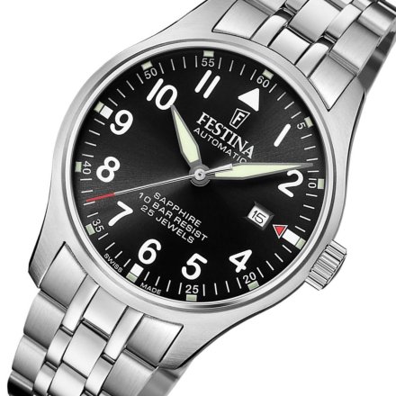 Festina Swiss Made 20151/D Zegarek Męski Automatyczny srebrny na bransolecie z czarną tarczą