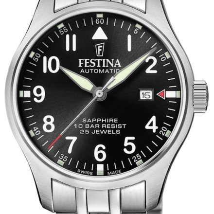 Festina Swiss Made 20151/D Zegarek Męski Automatyczny srebrny na bransolecie z czarną tarczą