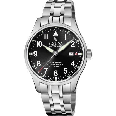 Festina Swiss Made 20151/D Zegarek Męski Automatyczny srebrny na bransolecie z czarną tarczą