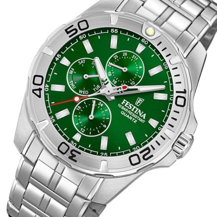 Festina Multifunction 20445/7 Zegarek Męski srebrny z zieloną tarczą