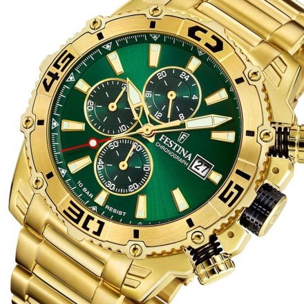 Festina Prestige 20492/3 Zegarek Męski złoty z zieloną tarczą i  funkcją chronografu