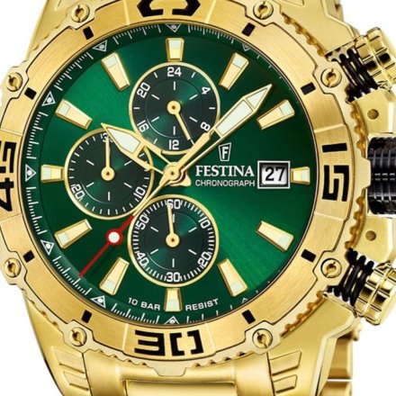 Festina Prestige 20492/3 Zegarek Męski złoty z zieloną tarczą i  funkcją chronografu