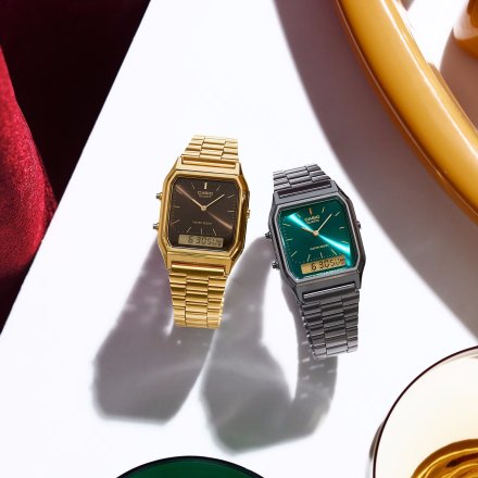 Casio Vintage zegarek w stylu retro z wyświetlaczem i zieloną tarczą AQ-230EGG-3AEF