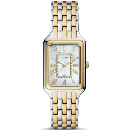 Fossil Raquel zegarek damski srebrno-złoty prostokąt z perłową tarczą ES5305