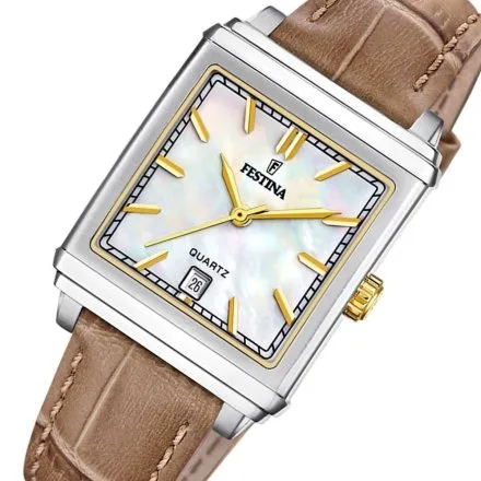 Festina Classic Bracelet 20682/4 Zegarek Damski z kwadratową kopertą na brązowym pasku