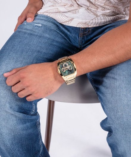 Guess Phoenix zegarek męski złoty z zieloną tarczą na bransolecie GW0456G3