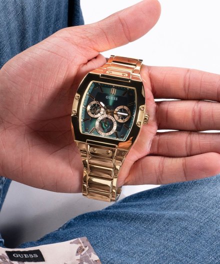 Guess Phoenix zegarek męski złoty z zieloną tarczą na bransolecie GW0456G3