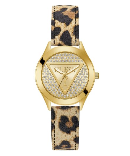 Guess Glitz Plaque zegarek damski złoty na pasku panterka GW0745L2