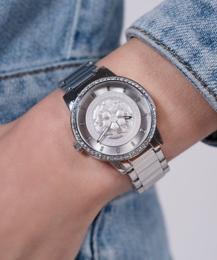 Guess Petal zegarek damski srebrny z kwiatkiem na tarczy GW0747L1