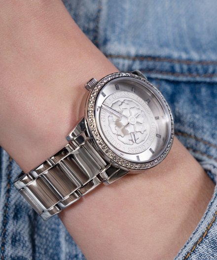 Guess Petal zegarek damski srebrny z kwiatkiem na tarczy GW0747L1