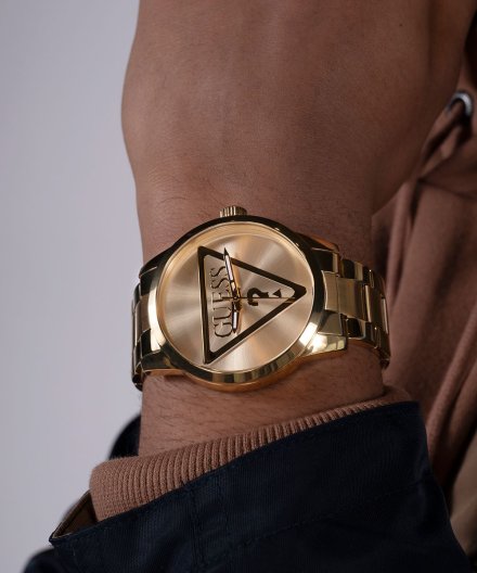 Guess Badge zegarek męski klasyczny złoty na bransolecie GW0782G1