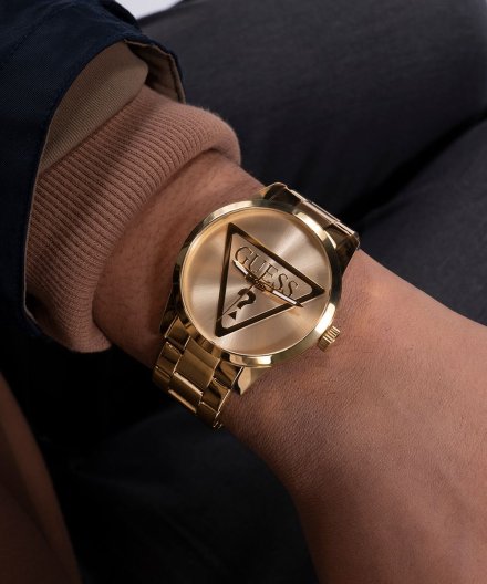 Guess Badge zegarek męski klasyczny złoty na bransolecie GW0782G1