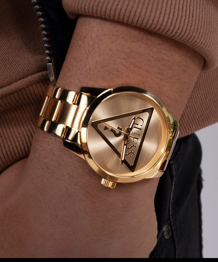 Guess Badge zegarek męski klasyczny złoty na bransolecie GW0782G1
