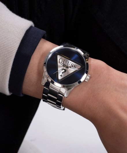 Guess Badge zegarek męski klasyczny srebrny na bransolecie GW0782G3