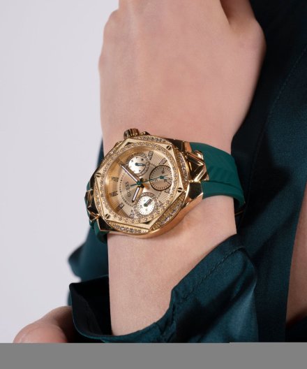 Guess Envy zegarek damski z kryształami złoty zielony GW0774L2