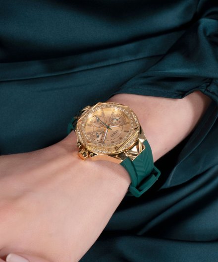 Guess Envy zegarek damski z kryształami złoty zielony GW0774L2
