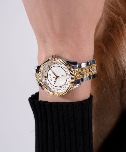 Guess Starstruck zegarek damski srebrno-złoty na bransolecie GW0765L1