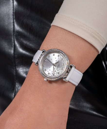 Guess Enchantment zegarek damski srebrny na białym pasku GW0764L4