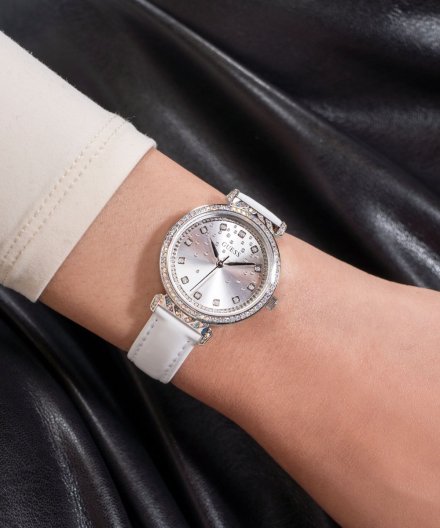 Guess Enchantment zegarek damski srebrny na białym pasku GW0764L4