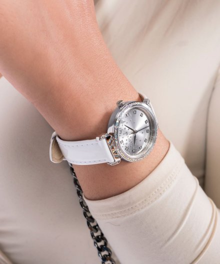 Guess Enchantment zegarek damski srebrny na białym pasku GW0764L4