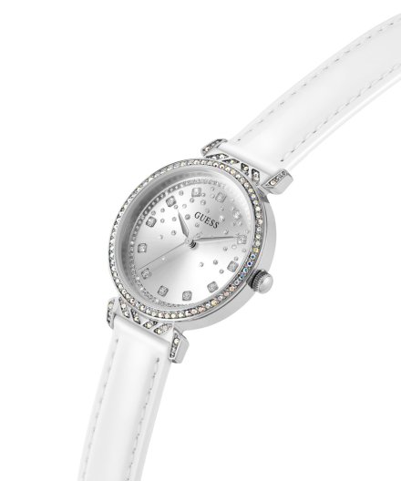 Guess Enchantment zegarek damski srebrny na białym pasku GW0764L4