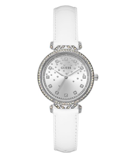 Guess Enchantment zegarek damski srebrny na białym pasku GW0764L4