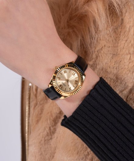 Guess Mini Luna zegarek damski złoty z czarnym paskiem GW0761L1