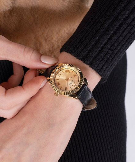 Guess Mini Luna zegarek damski złoty z czarnym paskiem GW0761L1