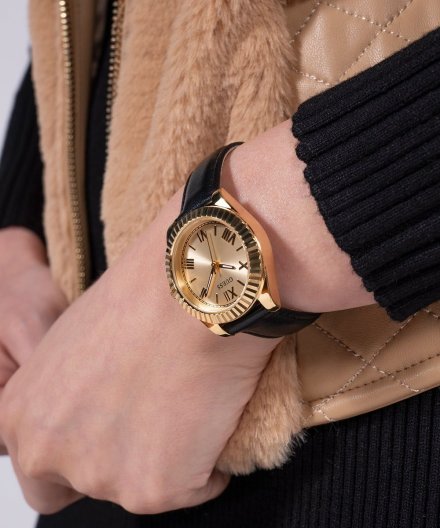 Guess Mini Luna zegarek damski złoty z czarnym paskiem GW0761L1