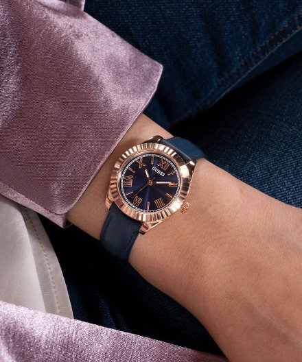Guess Mini Luna zegarek damski złoty z granatowym paskiem GW0761L2