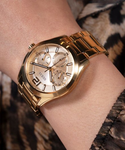 Guess Zoe zegarek damski złoty na bransolecie z datownikiem GW0760L2
