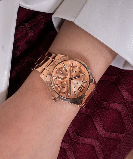 Guess Zoe zegarek damski różowozłoty na bransolecie z datownikiem GW0760L3