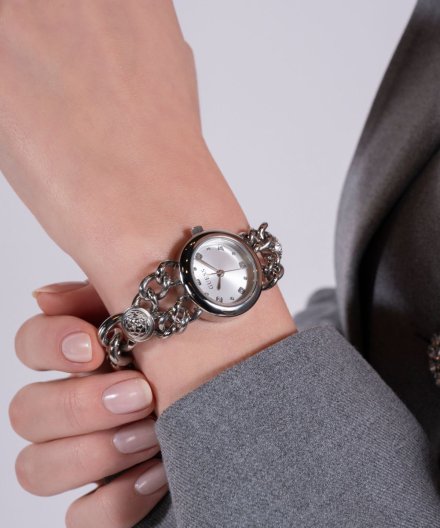 Guess Vienna zegarek damski biżuteryjny srebrny łańcuszek GW0758L1